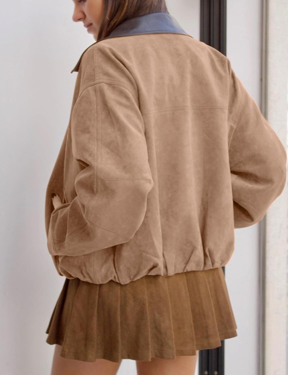image:imageTanming Womens Faux Suede Leather Jackets Lapel Pilot CoatKhaki