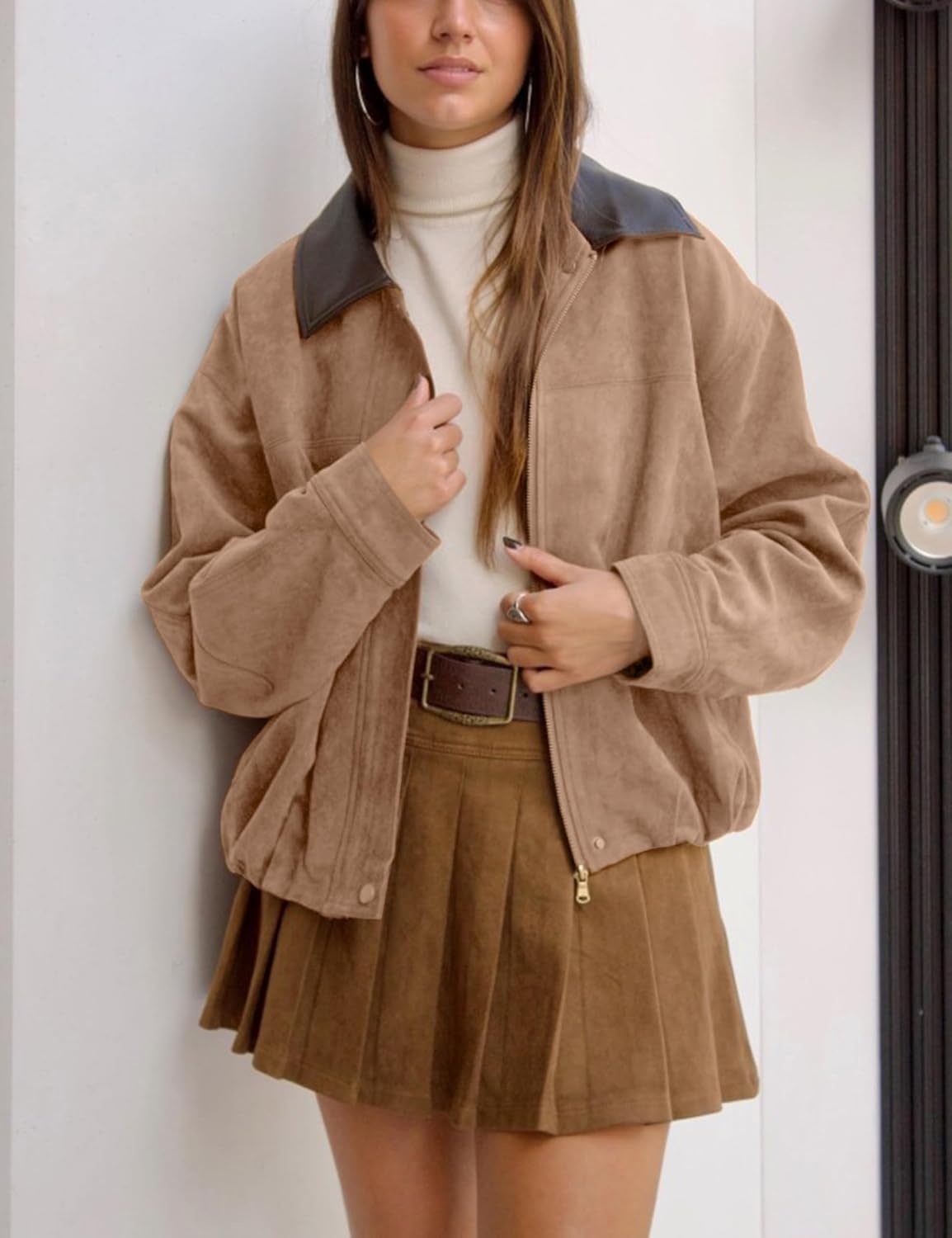 image:imageTanming Womens Faux Suede Leather Jackets Lapel Pilot CoatKhaki
