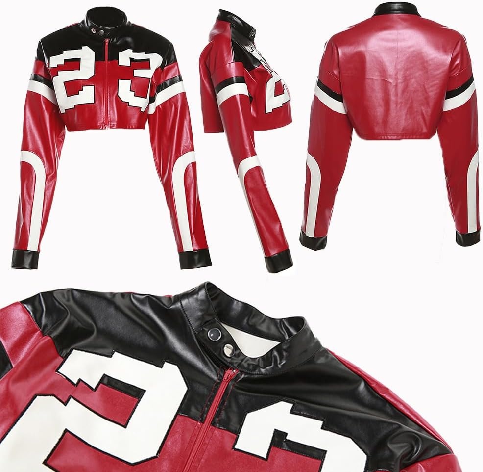 image:imageVOIKERDR Leather Jacket Cropped Jacket Motorcycle Jacket Y2K Letter Bomber Jacket Women Faux Leather Jacket StreetwearRed