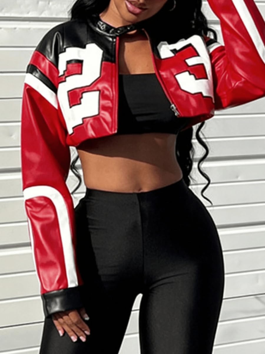 image:imageVOIKERDR Leather Jacket Cropped Jacket Motorcycle Jacket Y2K Letter Bomber Jacket Women Faux Leather Jacket StreetwearRed