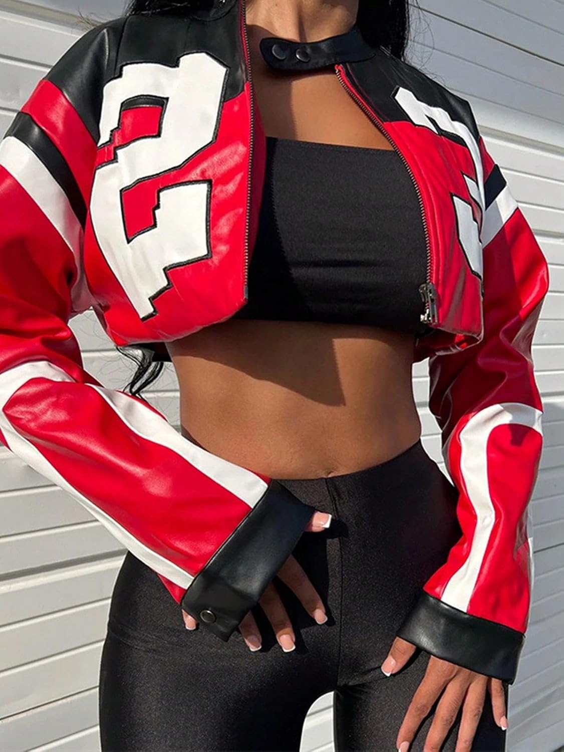 image:imageVOIKERDR Leather Jacket Cropped Jacket Motorcycle Jacket Y2K Letter Bomber Jacket Women Faux Leather Jacket StreetwearRed
