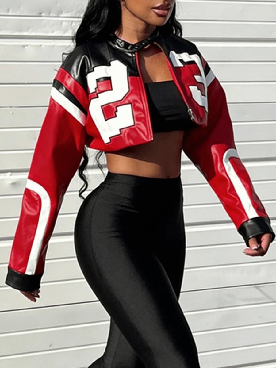 image:imageVOIKERDR Leather Jacket Cropped Jacket Motorcycle Jacket Y2K Letter Bomber Jacket Women Faux Leather Jacket StreetwearRed