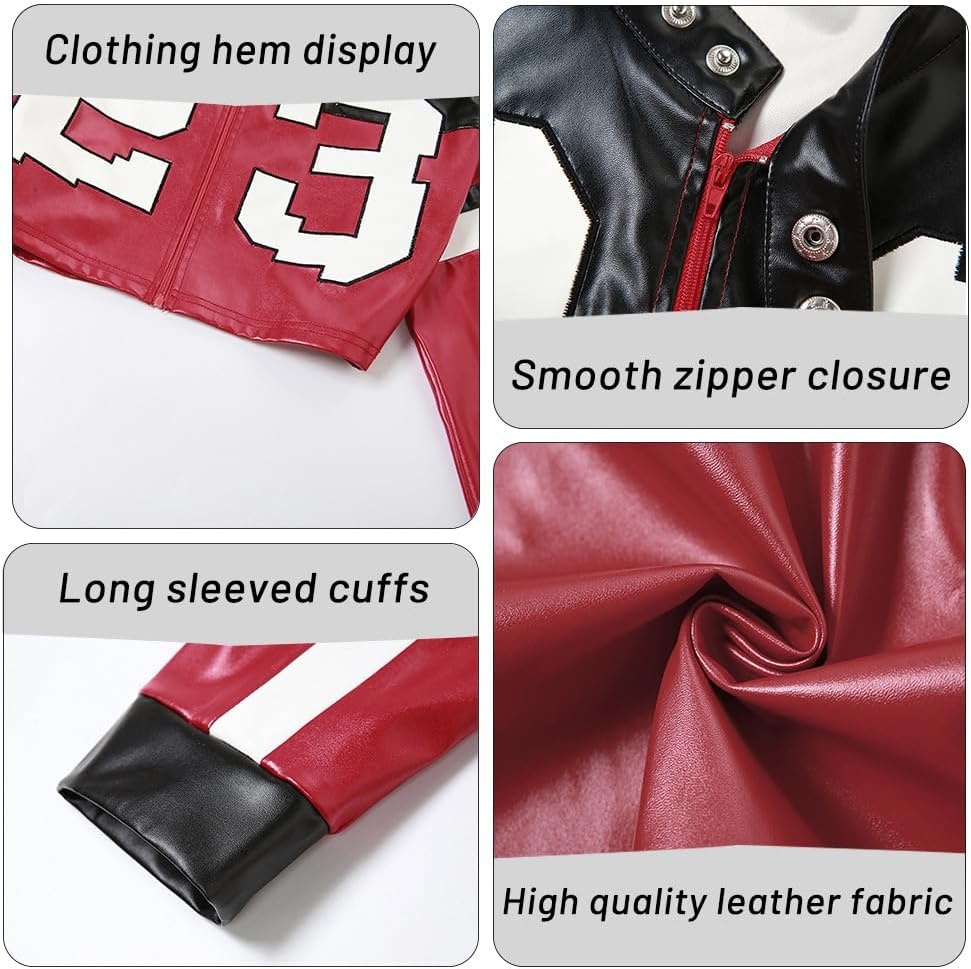 image:imageVOIKERDR Leather Jacket Cropped Jacket Motorcycle Jacket Y2K Letter Bomber Jacket Women Faux Leather Jacket StreetwearRed