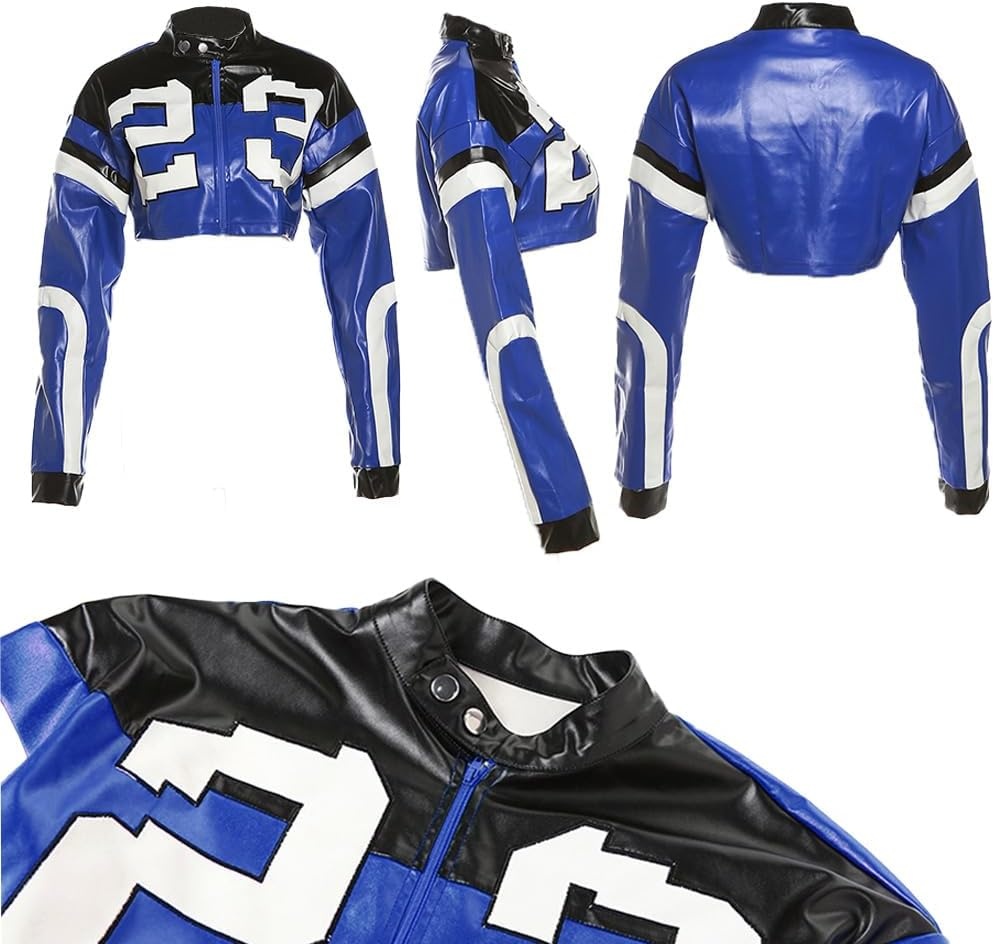 image:imageVOIKERDR Leather Jacket Cropped Jacket Motorcycle Jacket Y2K Letter Bomber Jacket Women Faux Leather Jacket StreetwearT Blue