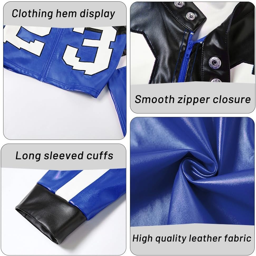 image:imageVOIKERDR Leather Jacket Cropped Jacket Motorcycle Jacket Y2K Letter Bomber Jacket Women Faux Leather Jacket StreetwearT Blue