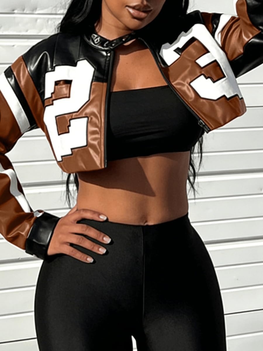 image:imageVOIKERDR Leather Jacket Cropped Jacket Motorcycle Jacket Y2K Letter Bomber Jacket Women Faux Leather Jacket StreetwearT Brown