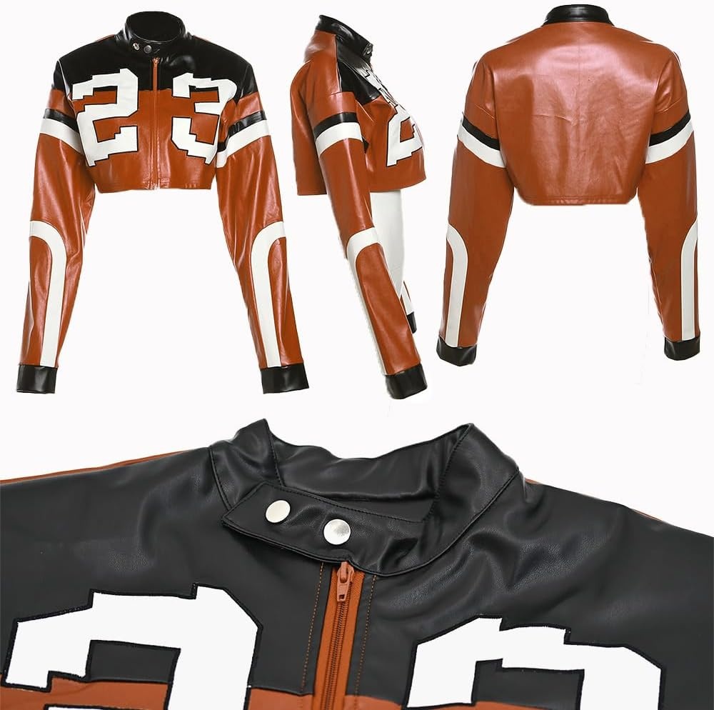 image:imageVOIKERDR Leather Jacket Cropped Jacket Motorcycle Jacket Y2K Letter Bomber Jacket Women Faux Leather Jacket StreetwearT Brown