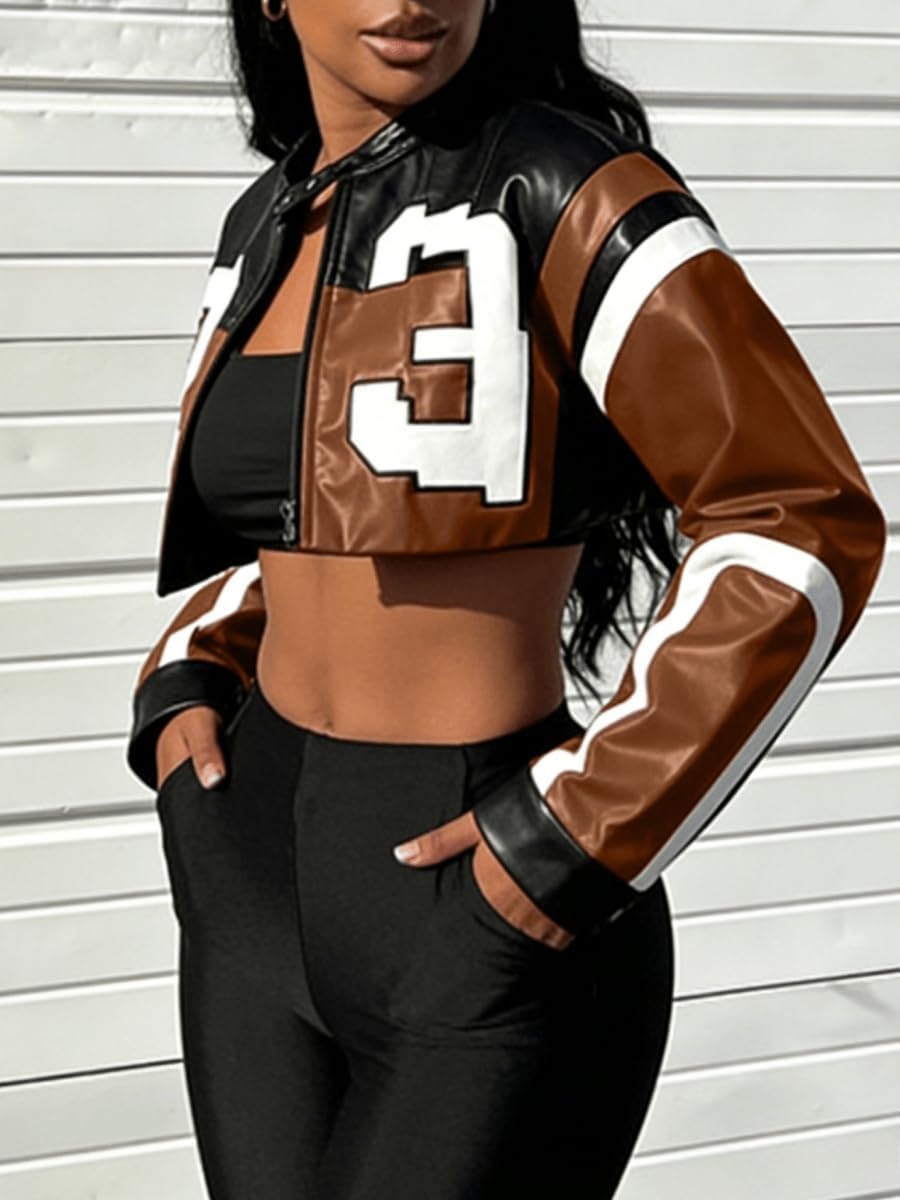 image:imageVOIKERDR Leather Jacket Cropped Jacket Motorcycle Jacket Y2K Letter Bomber Jacket Women Faux Leather Jacket StreetwearT Brown