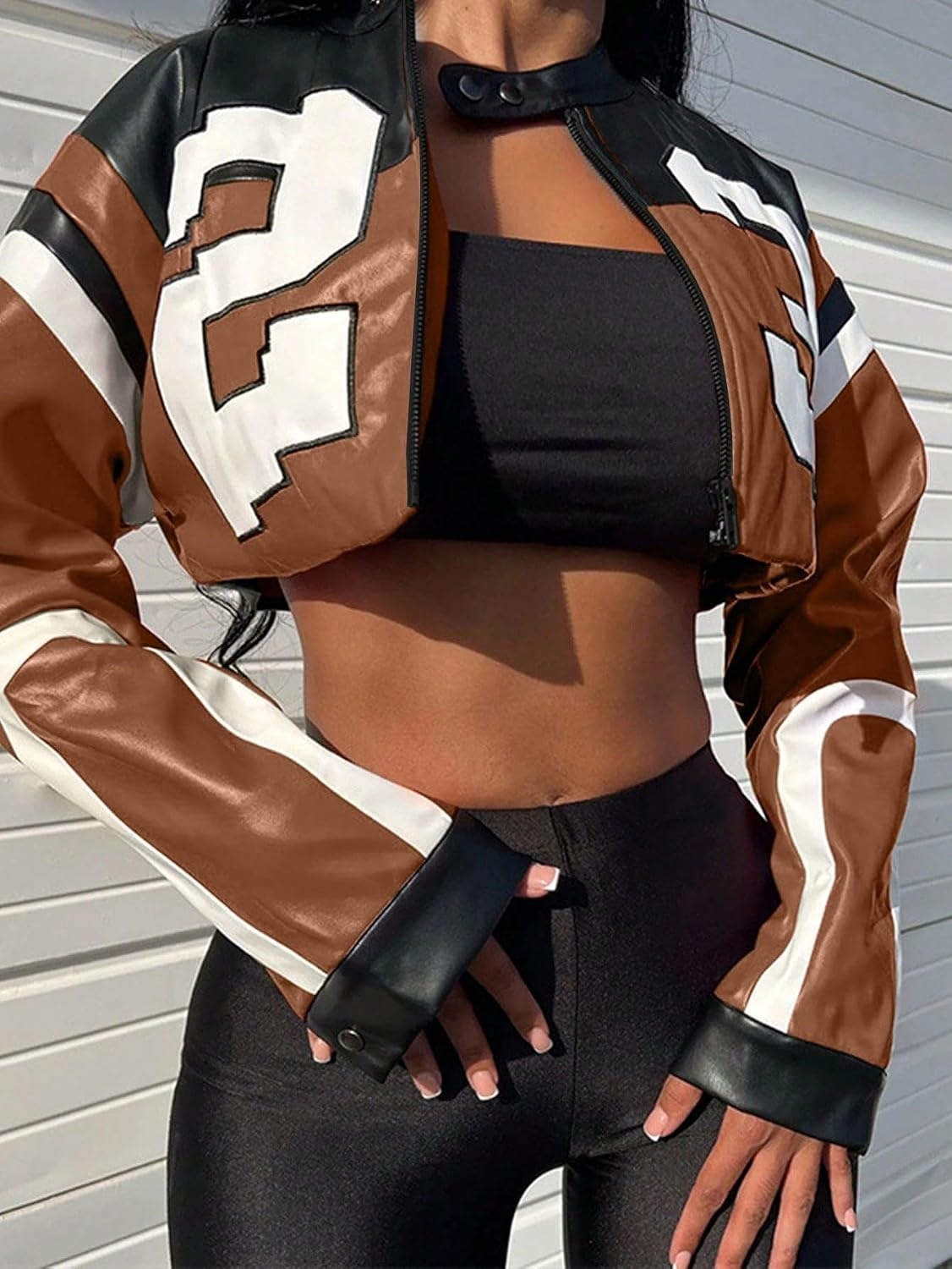 image:imageVOIKERDR Leather Jacket Cropped Jacket Motorcycle Jacket Y2K Letter Bomber Jacket Women Faux Leather Jacket StreetwearT Brown