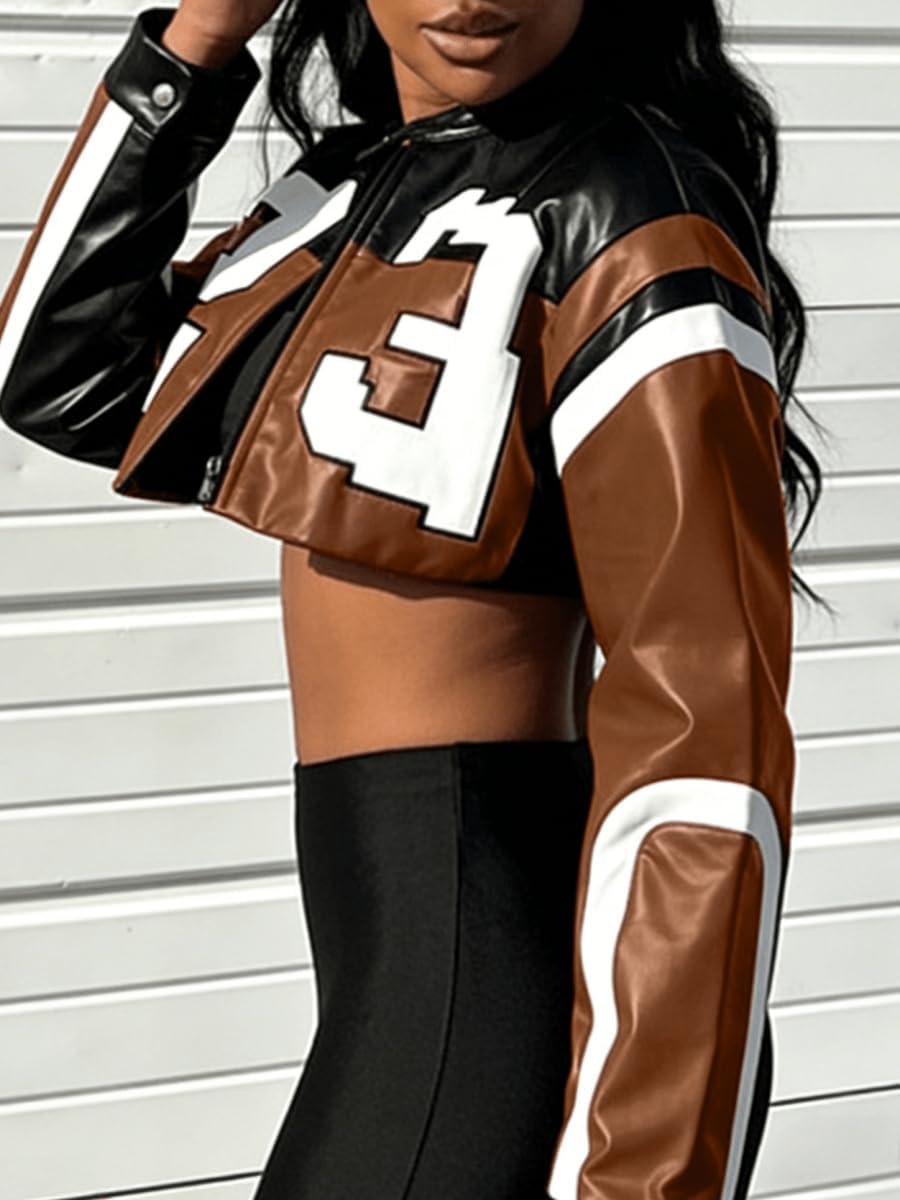 image:imageVOIKERDR Leather Jacket Cropped Jacket Motorcycle Jacket Y2K Letter Bomber Jacket Women Faux Leather Jacket StreetwearT Brown