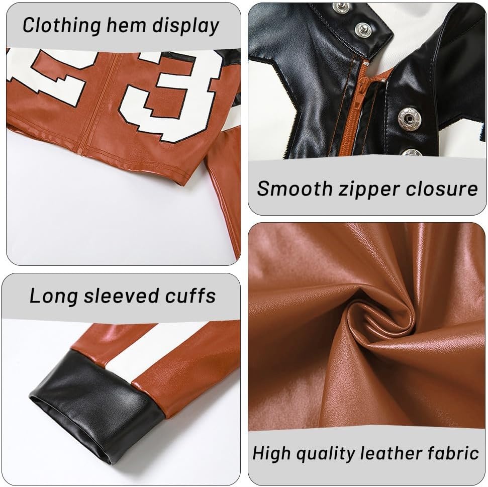 image:imageVOIKERDR Leather Jacket Cropped Jacket Motorcycle Jacket Y2K Letter Bomber Jacket Women Faux Leather Jacket StreetwearT Brown