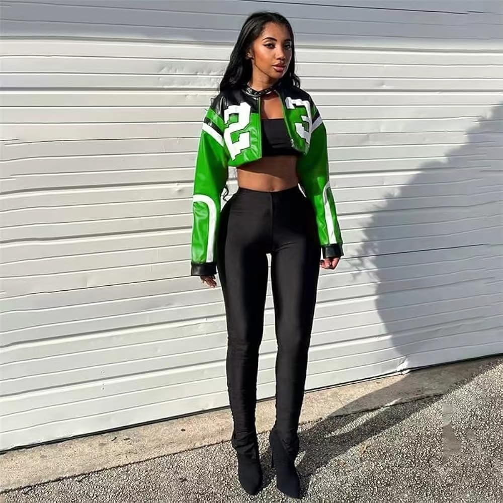 image:imageVOIKERDR Leather Jacket Cropped Jacket Motorcycle Jacket Y2K Letter Bomber Jacket Women Faux Leather Jacket StreetwearT Green
