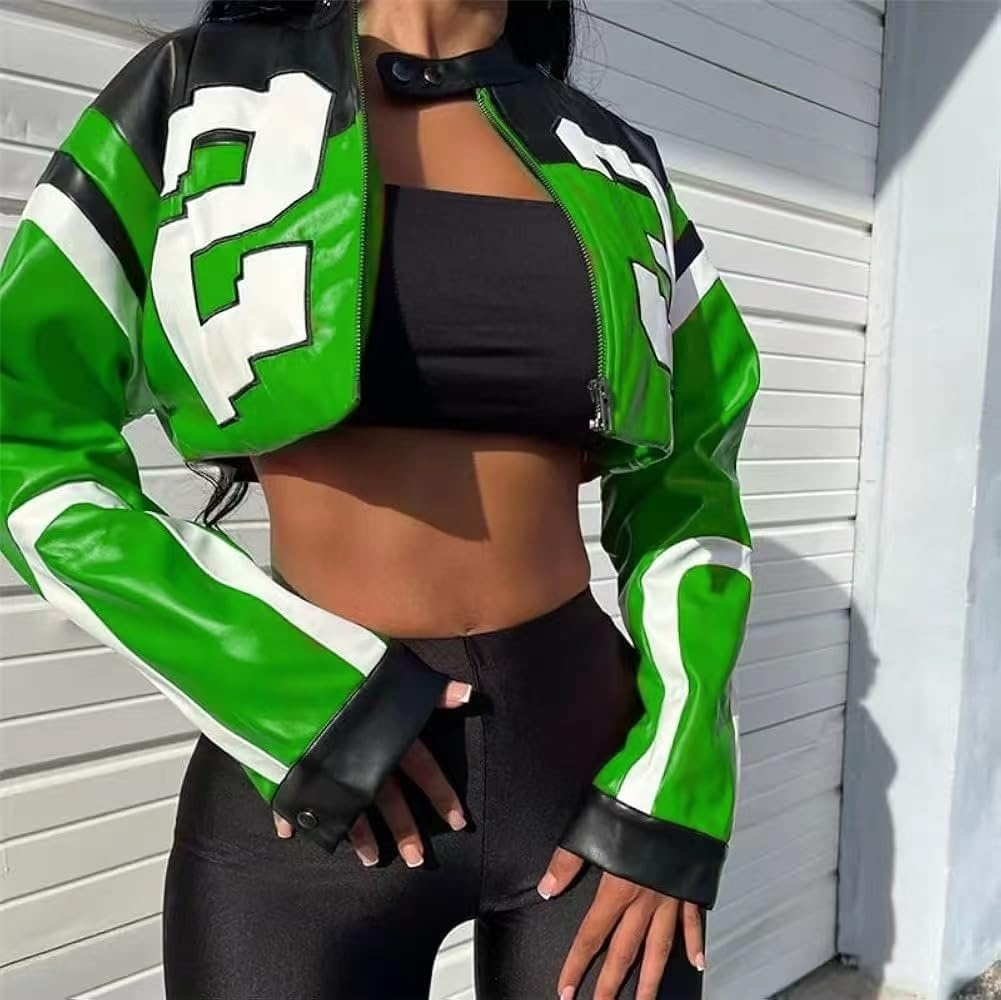 image:imageVOIKERDR Leather Jacket Cropped Jacket Motorcycle Jacket Y2K Letter Bomber Jacket Women Faux Leather Jacket StreetwearT Green