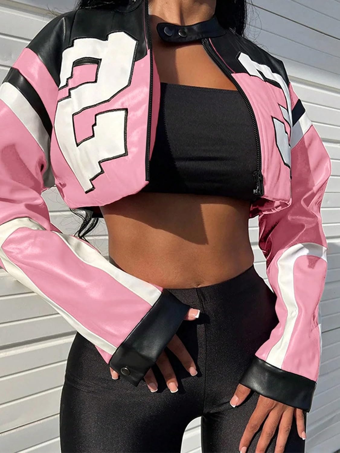 image:imageVOIKERDR Leather Jacket Cropped Jacket Motorcycle Jacket Y2K Letter Bomber Jacket Women Faux Leather Jacket StreetwearT Pink