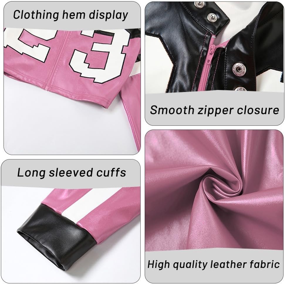 image:imageVOIKERDR Leather Jacket Cropped Jacket Motorcycle Jacket Y2K Letter Bomber Jacket Women Faux Leather Jacket StreetwearT Pink