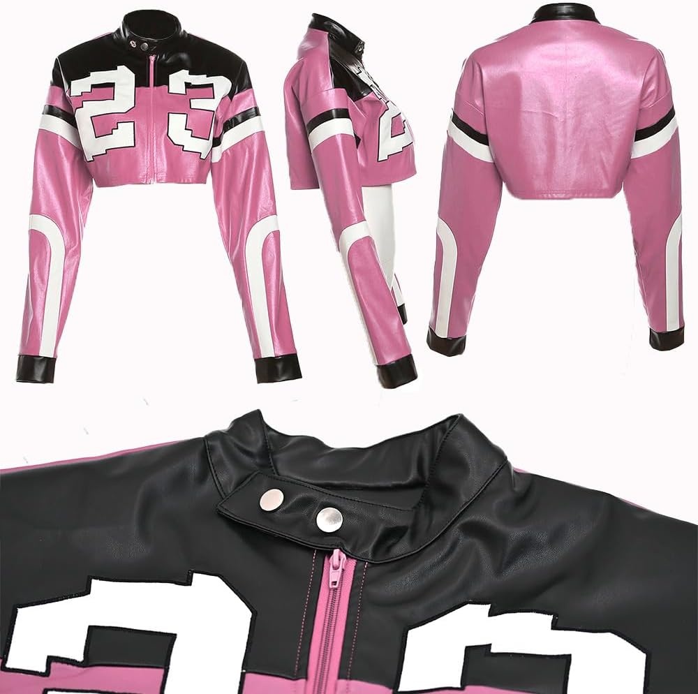 image:imageVOIKERDR Leather Jacket Cropped Jacket Motorcycle Jacket Y2K Letter Bomber Jacket Women Faux Leather Jacket StreetwearT Pink