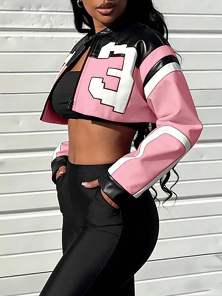 image:imageVOIKERDR Leather Jacket Cropped Jacket Motorcycle Jacket Y2K Letter Bomber Jacket Women Faux Leather Jacket StreetwearT Pink