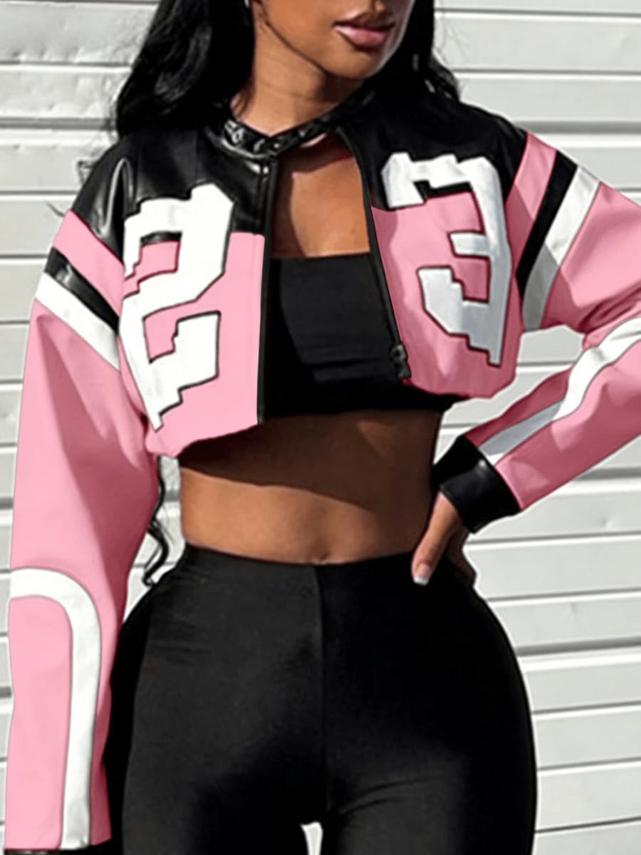 image:imageVOIKERDR Leather Jacket Cropped Jacket Motorcycle Jacket Y2K Letter Bomber Jacket Women Faux Leather Jacket StreetwearT Pink