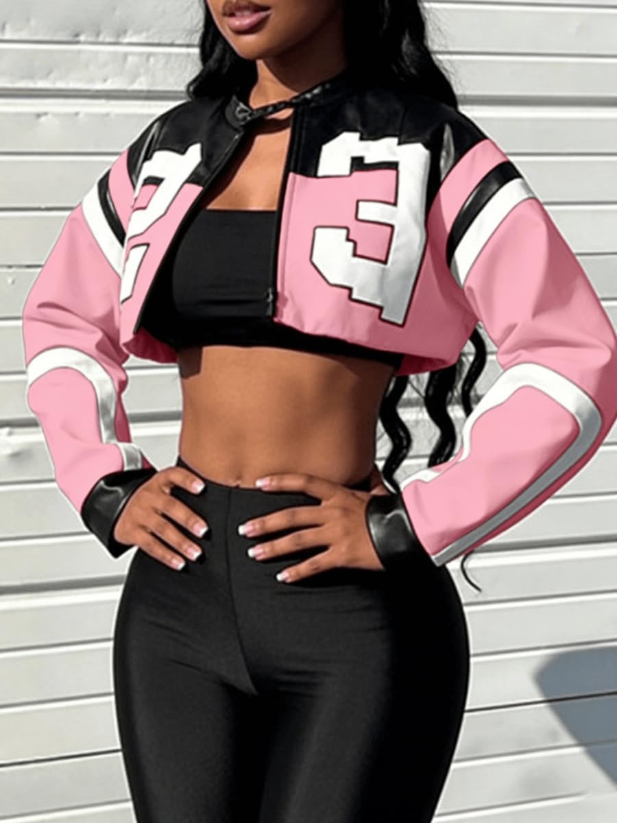 image:imageVOIKERDR Leather Jacket Cropped Jacket Motorcycle Jacket Y2K Letter Bomber Jacket Women Faux Leather Jacket StreetwearT Pink