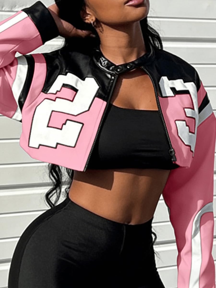 image:imageVOIKERDR Leather Jacket Cropped Jacket Motorcycle Jacket Y2K Letter Bomber Jacket Women Faux Leather Jacket StreetwearT Pink
