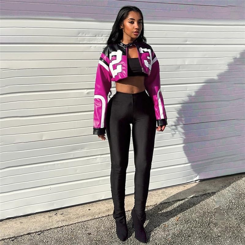 image:imageVOIKERDR Leather Jacket Cropped Jacket Motorcycle Jacket Y2K Letter Bomber Jacket Women Faux Leather Jacket StreetwearTrose Red
