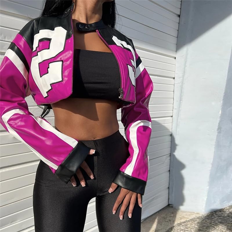 image:imageVOIKERDR Leather Jacket Cropped Jacket Motorcycle Jacket Y2K Letter Bomber Jacket Women Faux Leather Jacket StreetwearTrose Red
