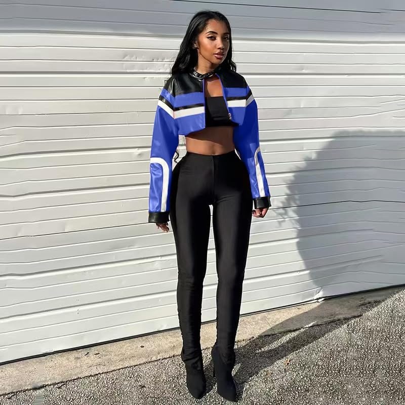 image:imageVOIKERDR Leather Jacket Cropped Jacket Motorcycle Jacket Y2K Letter Bomber Jacket Women Faux Leather Jacket StreetwearW Blue