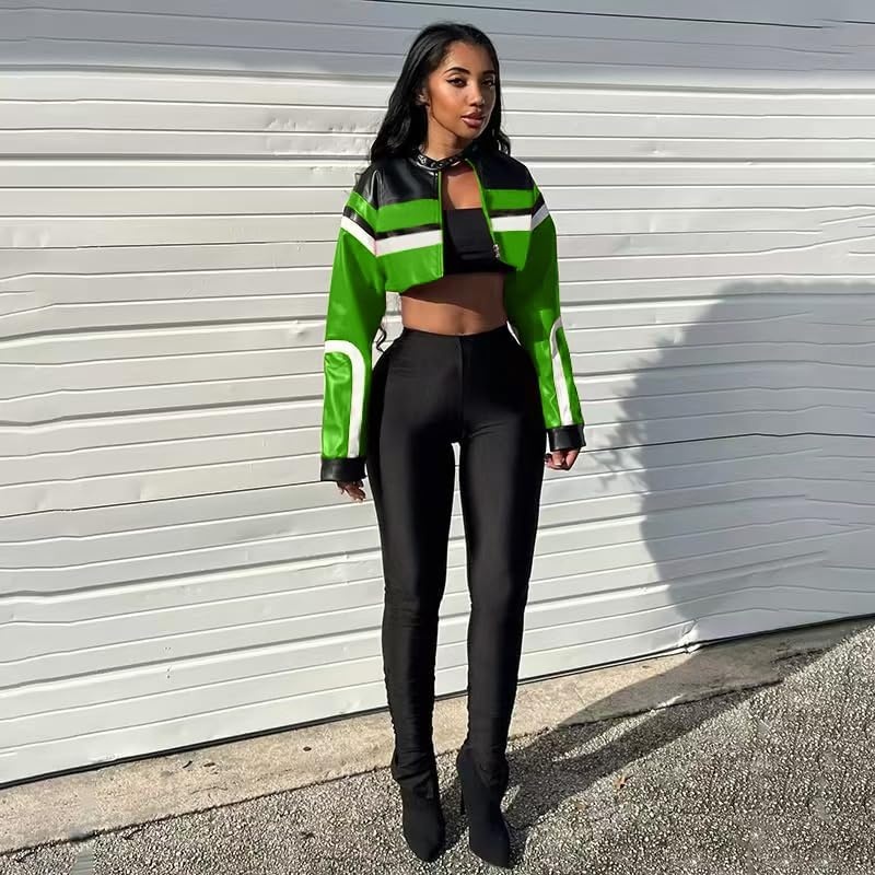 image:imageVOIKERDR Leather Jacket Cropped Jacket Motorcycle Jacket Y2K Letter Bomber Jacket Women Faux Leather Jacket StreetwearW Green