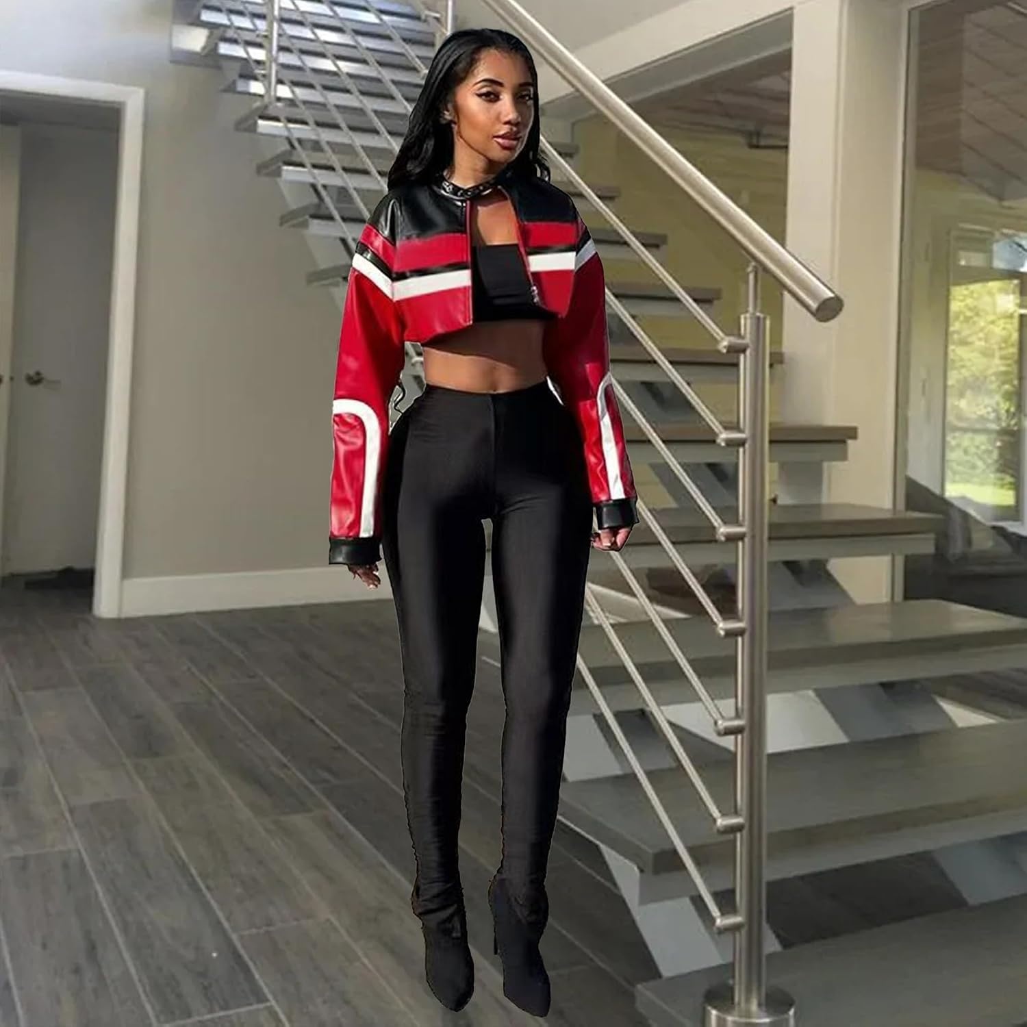 image:imageVOIKERDR Leather Jacket Cropped Jacket Motorcycle Jacket Y2K Letter Bomber Jacket Women Faux Leather Jacket StreetwearW Red
