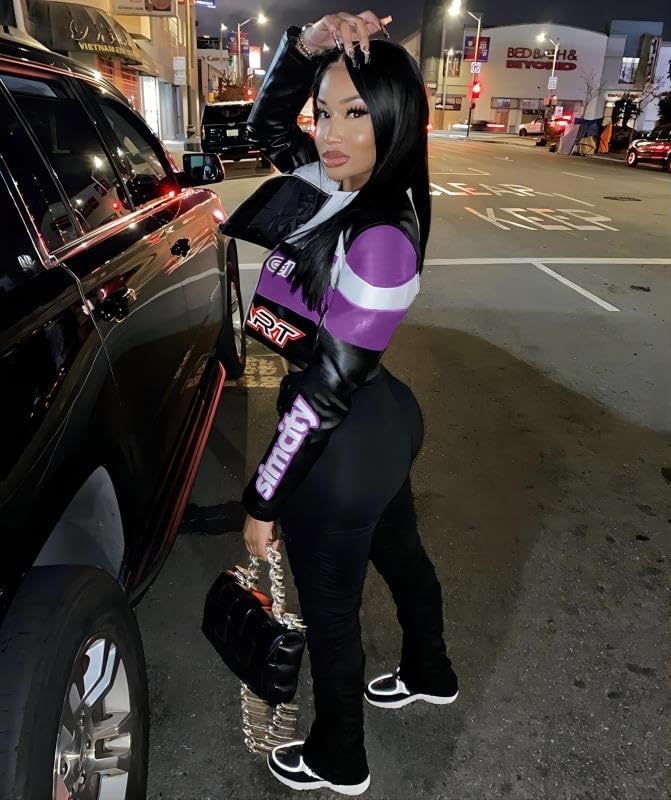 image:imageVOIKERDR Leather Jacket Women Zipper Moto Biker Short Leather Jacket Women Bomber Jacket Women Faux Leather JacketSs Purple