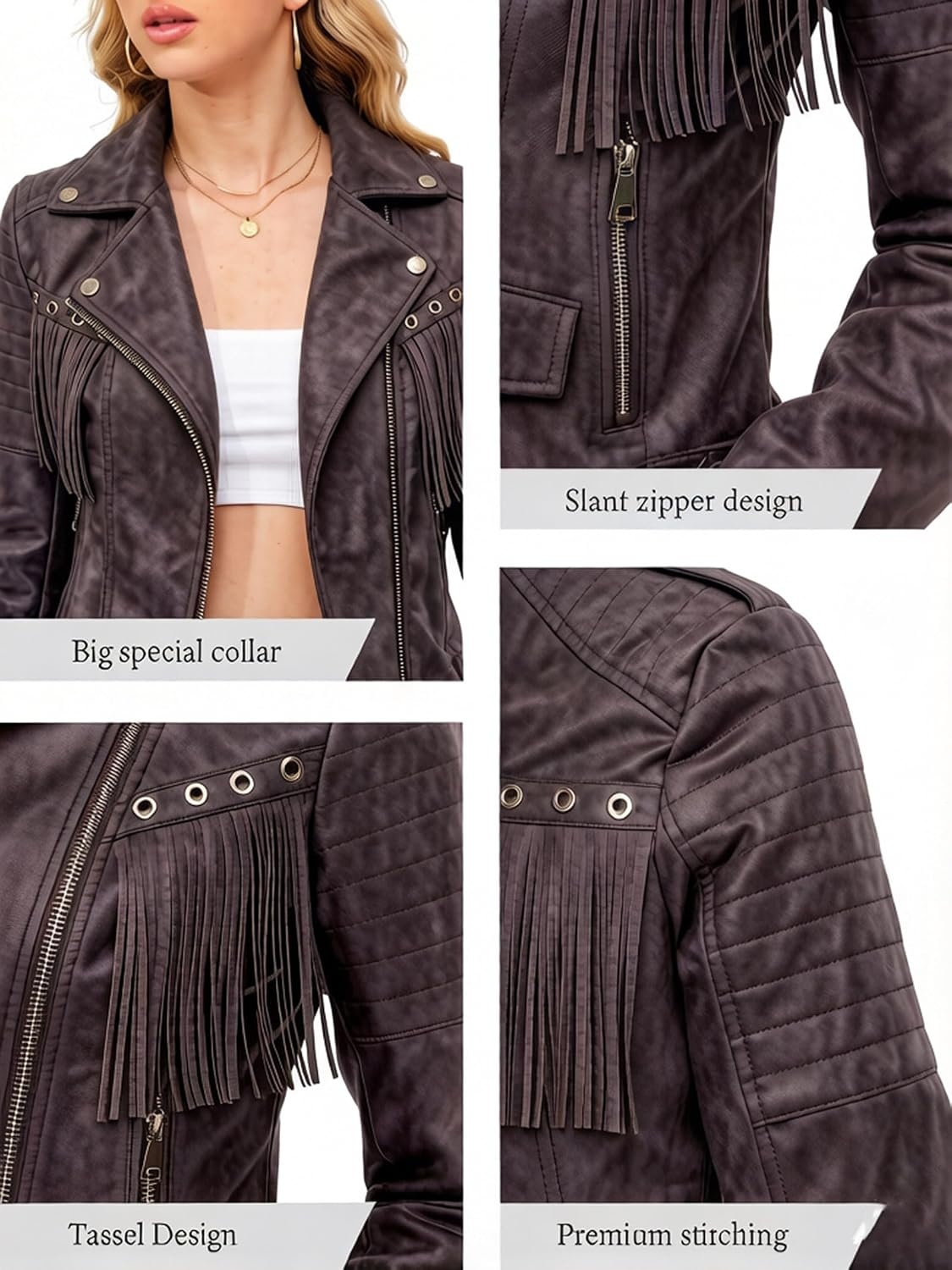 image:imageWomen Faux Leather Moto Jacket BeltedTassel TrimCoffeesuede