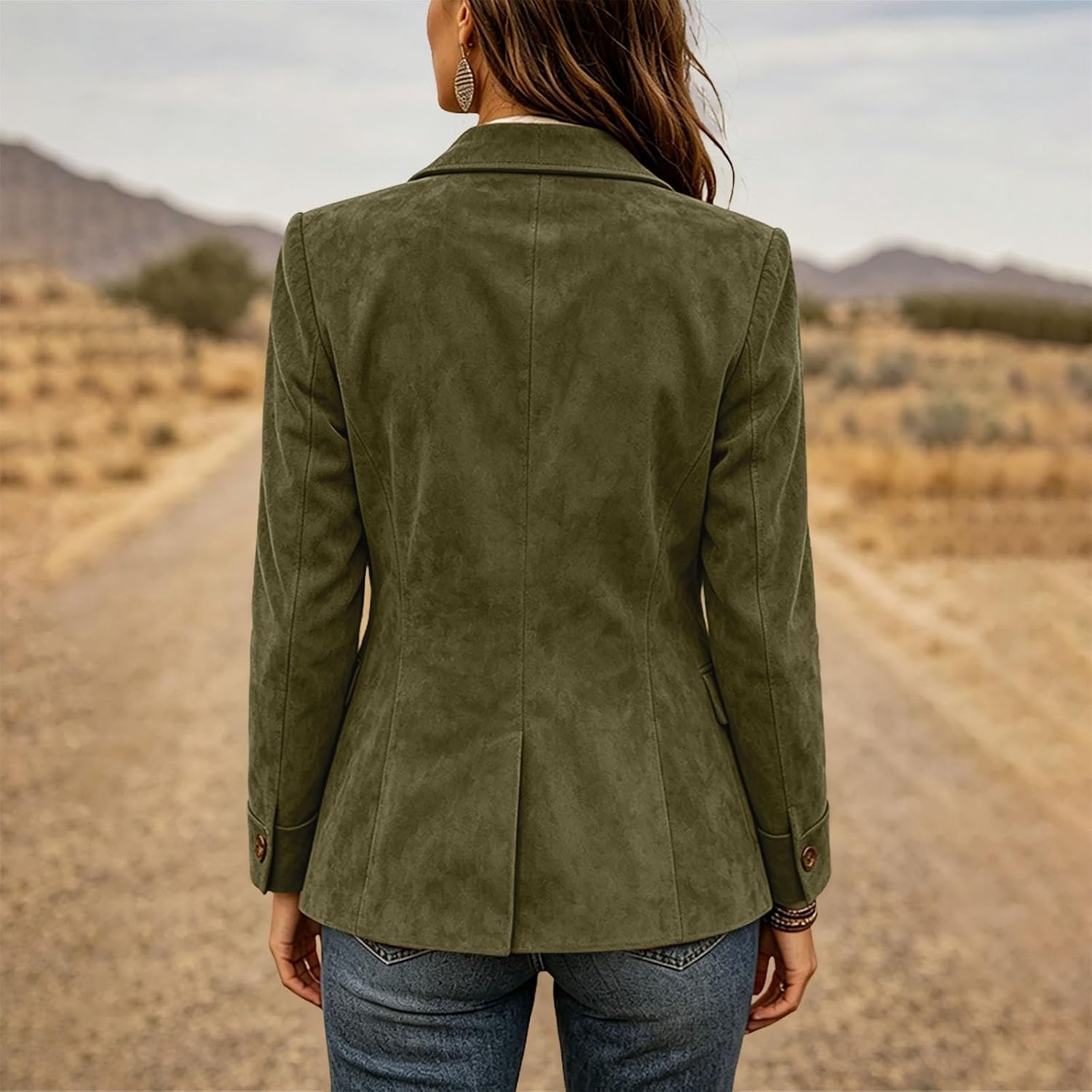 image:imageWomen Faux Suede Jacket Lapel Collar Long Sleeve Button Coat with PocketsArmy Green