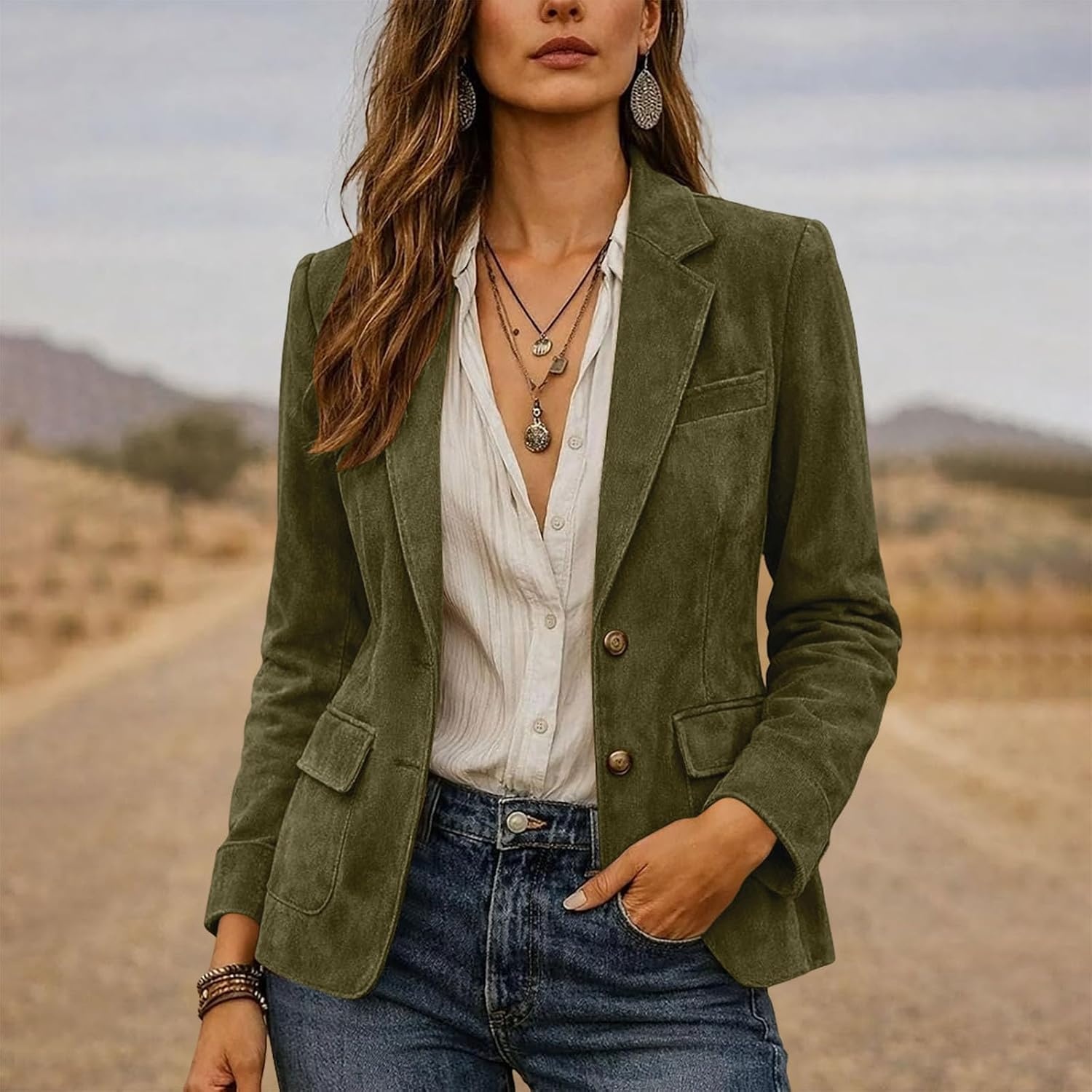 image:imageWomen Faux Suede Jacket Lapel Collar Long Sleeve Button Coat with PocketsArmy Green