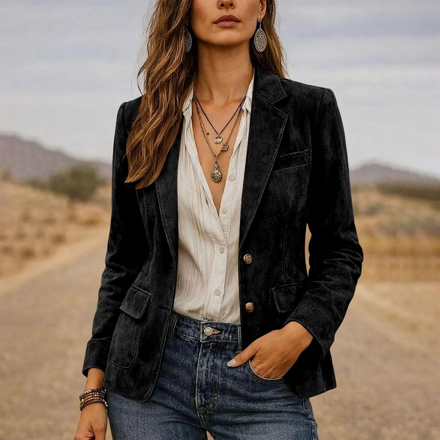 image:imageWomen Faux Suede Jacket Lapel Collar Long Sleeve Button Coat with PocketsBlack