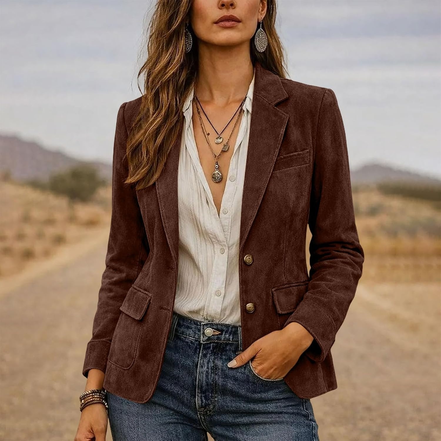 image:imageWomen Faux Suede Jacket Lapel Collar Long Sleeve Button Coat with PocketsBurgundy