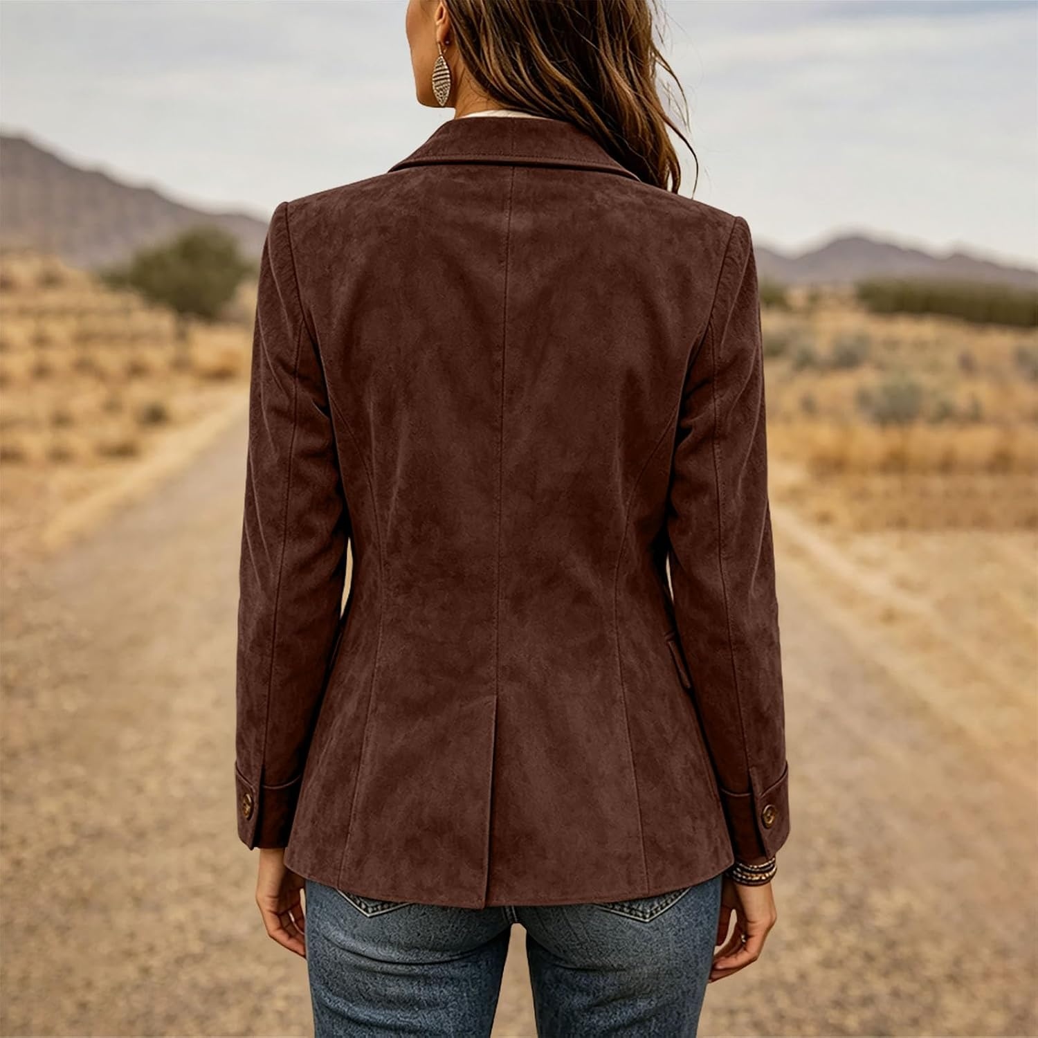 image:imageWomen Faux Suede Jacket Lapel Collar Long Sleeve Button Coat with PocketsBurgundy