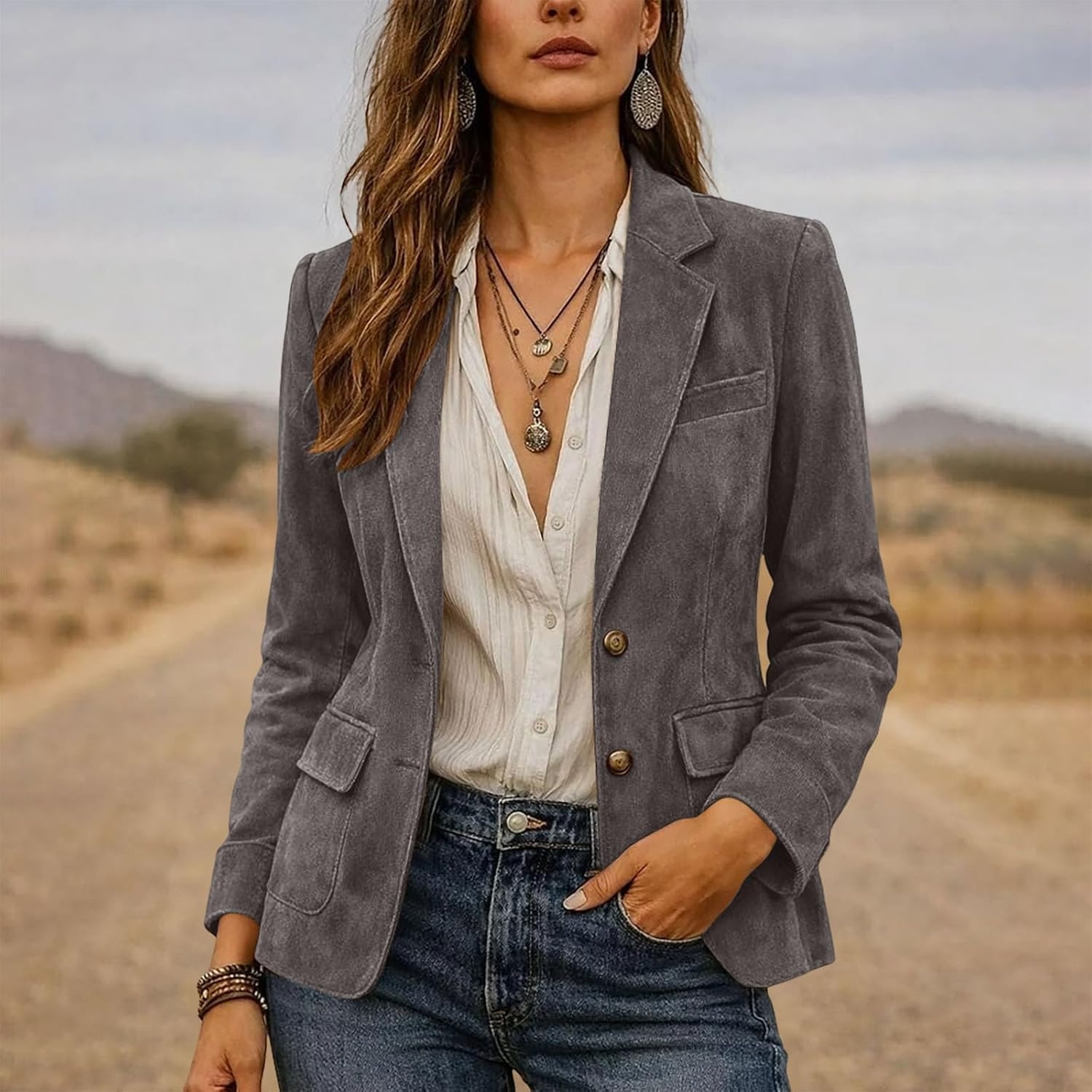 image:imageWomen Faux Suede Jacket Lapel Collar Long Sleeve Button Coat with PocketsGray