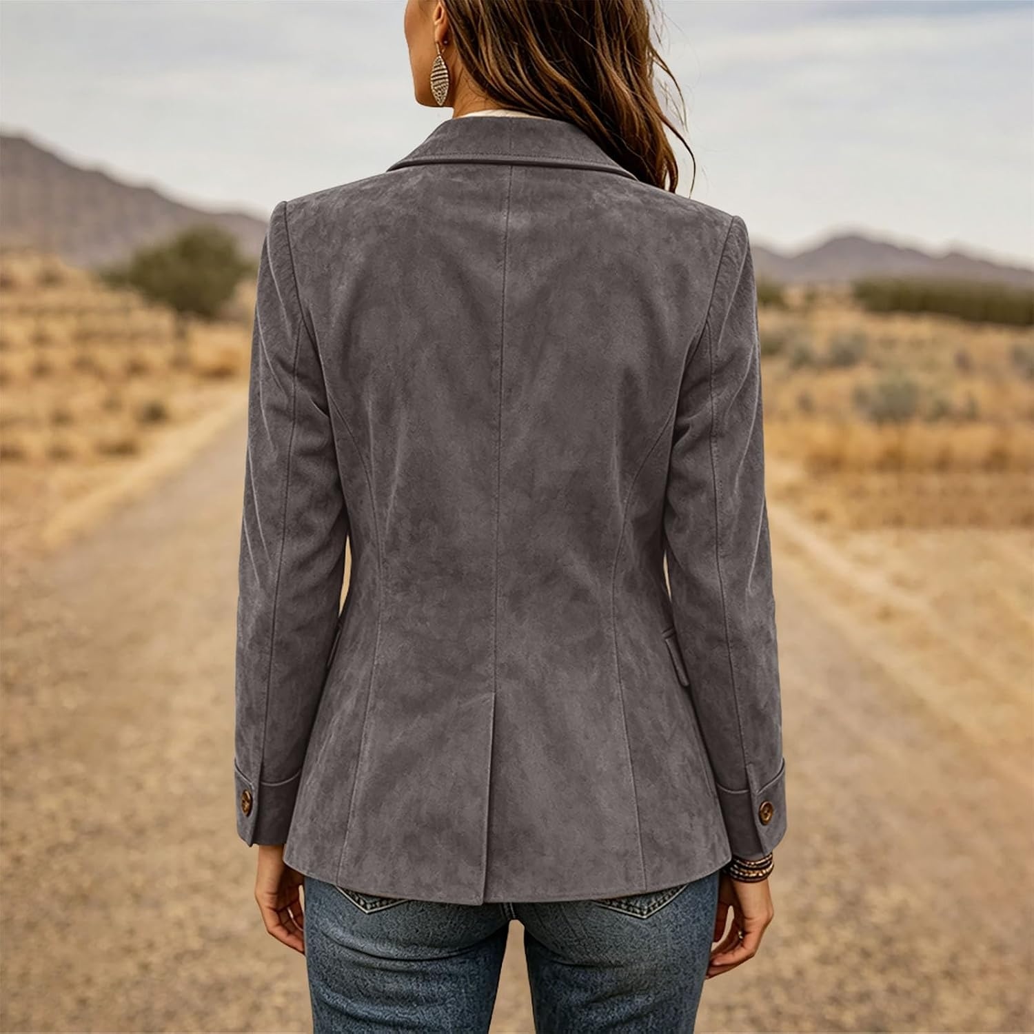 image:imageWomen Faux Suede Jacket Lapel Collar Long Sleeve Button Coat with PocketsGray