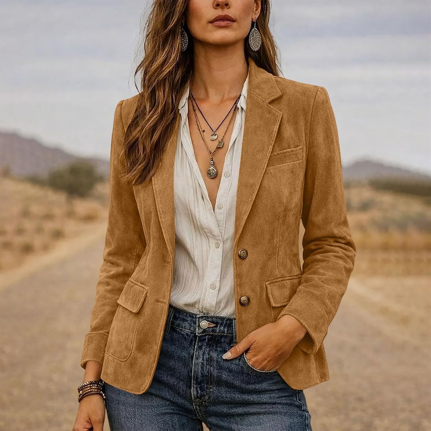 image:imageWomen Faux Suede Jacket Lapel Collar Long Sleeve Button Coat with PocketsKhaki