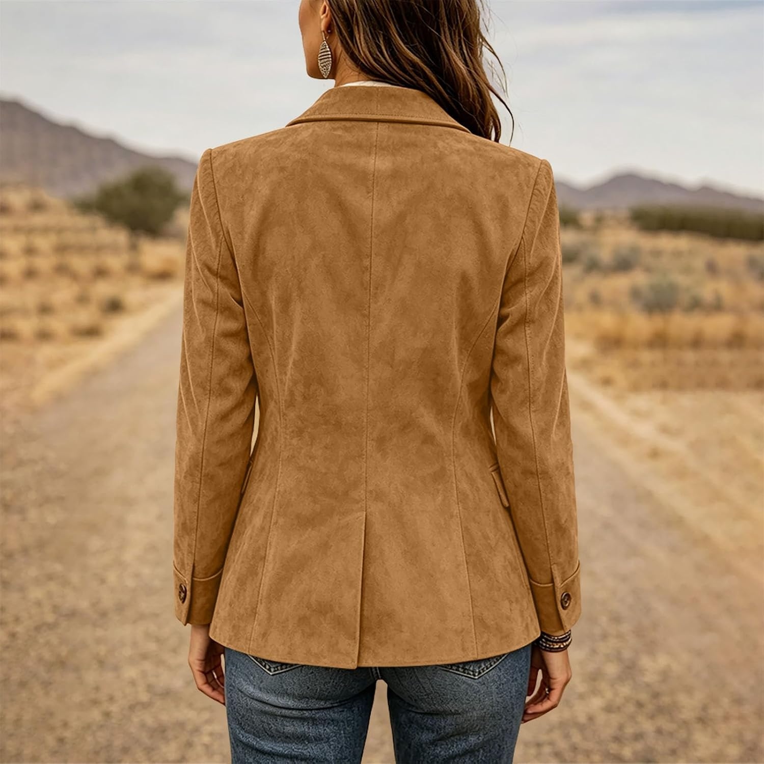 image:imageWomen Faux Suede Jacket Lapel Collar Long Sleeve Button Coat with PocketsKhaki