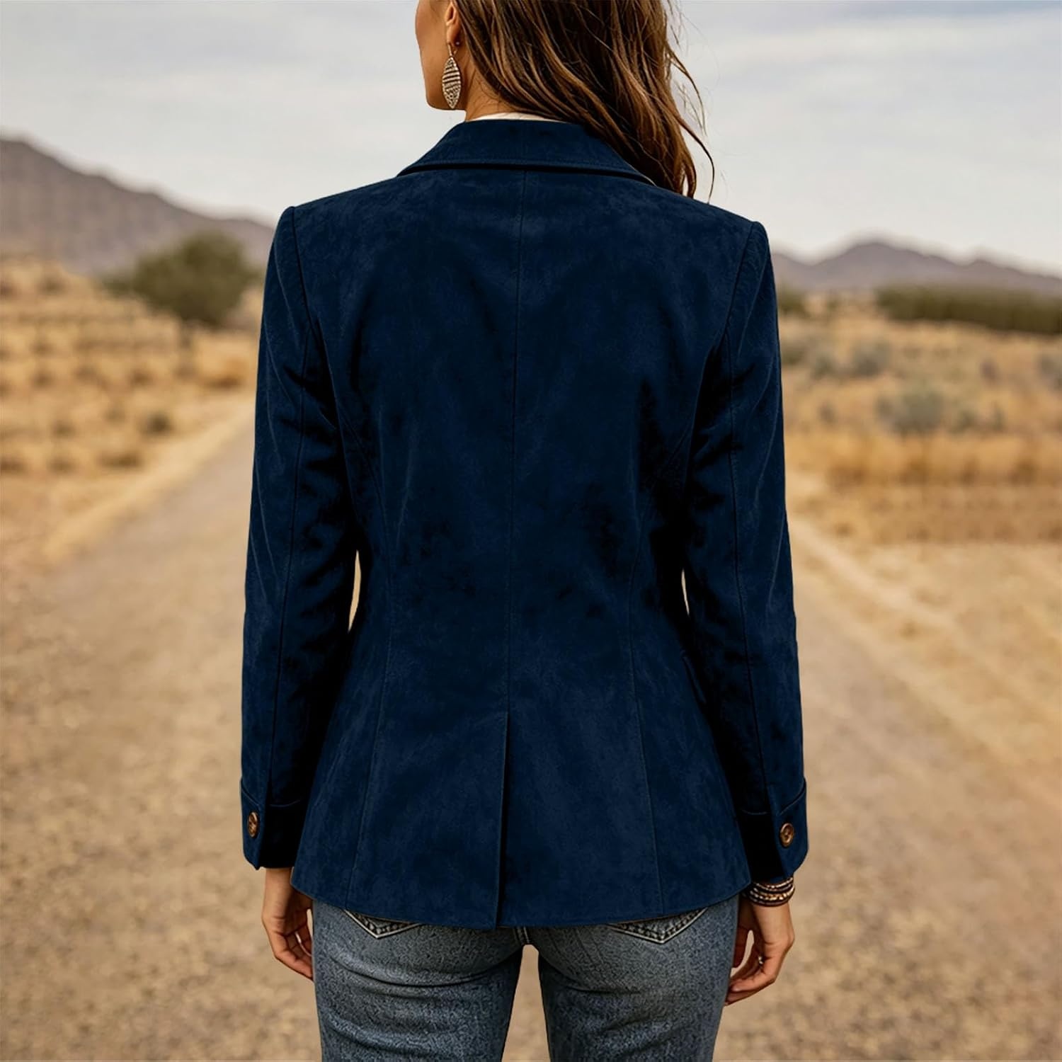 image:imageWomen Faux Suede Jacket Lapel Collar Long Sleeve Button Coat with PocketsNavy Blue