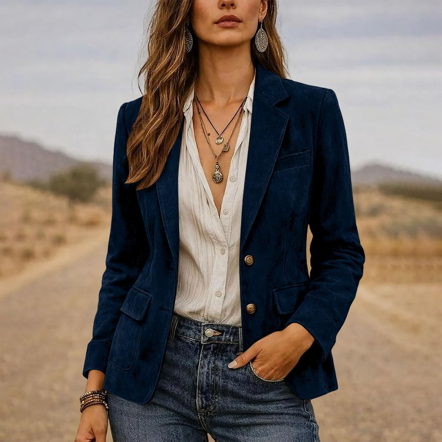 image:imageWomen Faux Suede Jacket Lapel Collar Long Sleeve Button Coat with PocketsNavy Blue