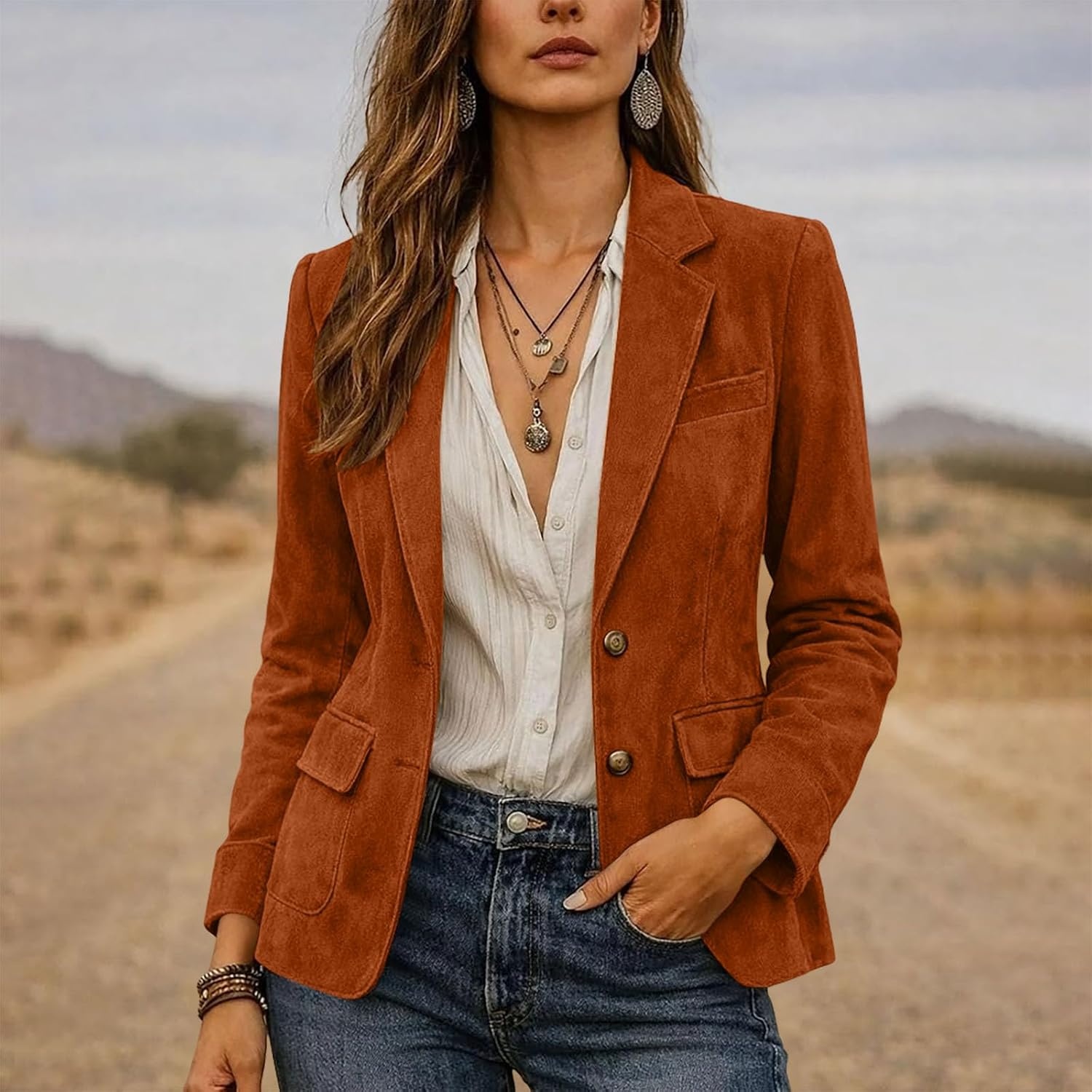 image:imageWomen Faux Suede Jacket Lapel Collar Long Sleeve Button Coat with PocketsOrange