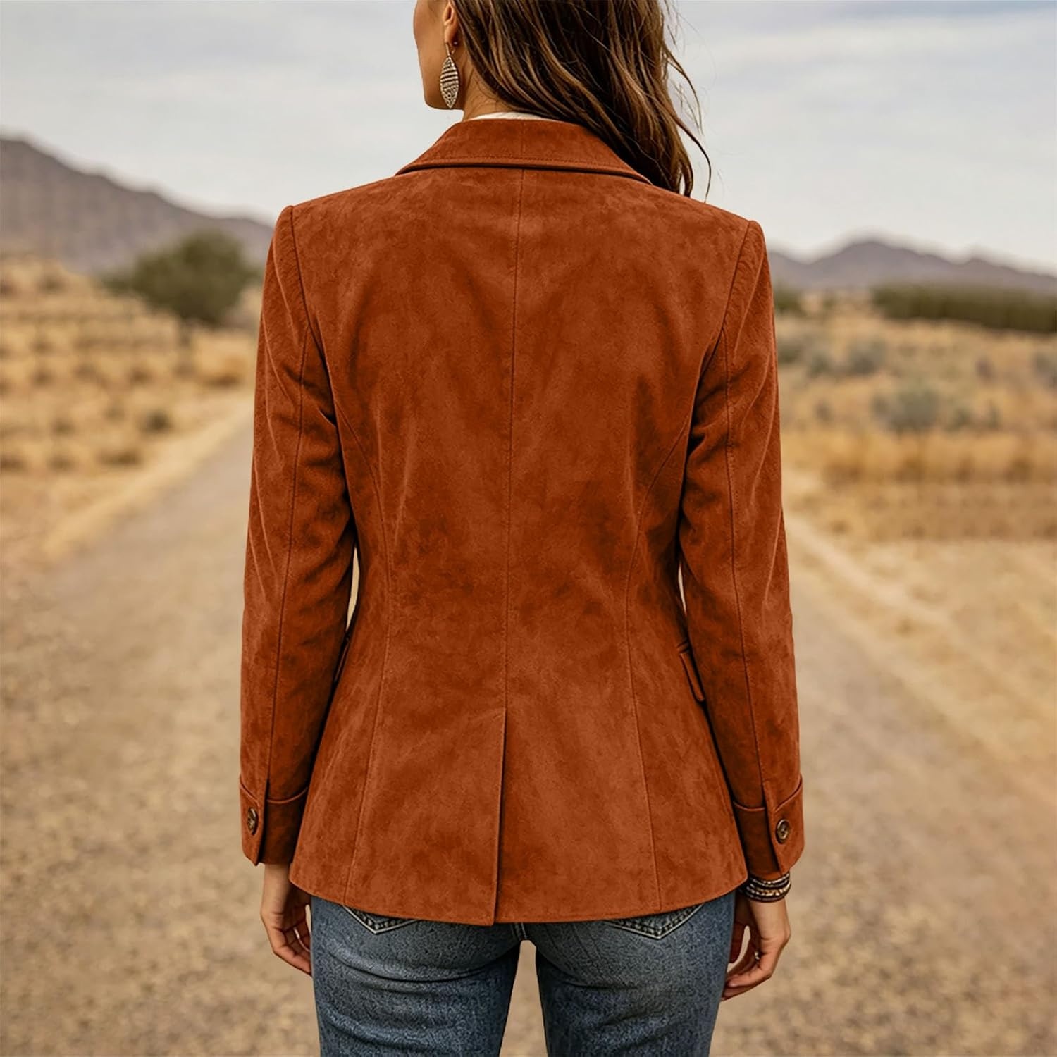 image:imageWomen Faux Suede Jacket Lapel Collar Long Sleeve Button Coat with PocketsOrange