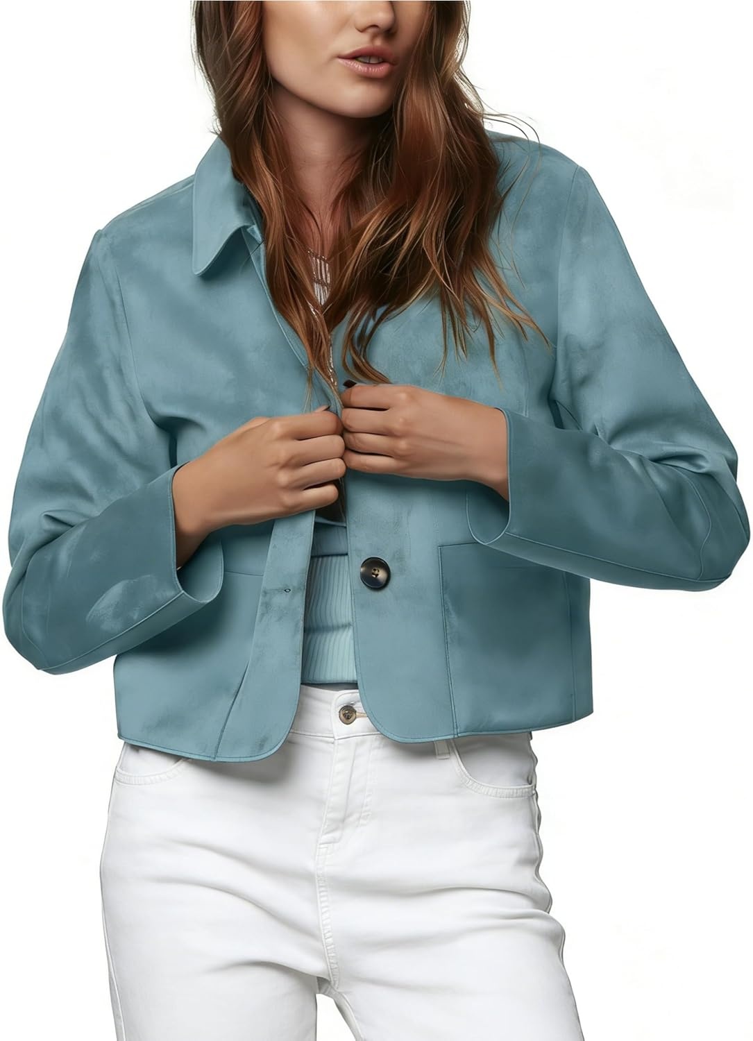 image:imageWomens Faux Suede Cropped Casual Button Down JacketBlue