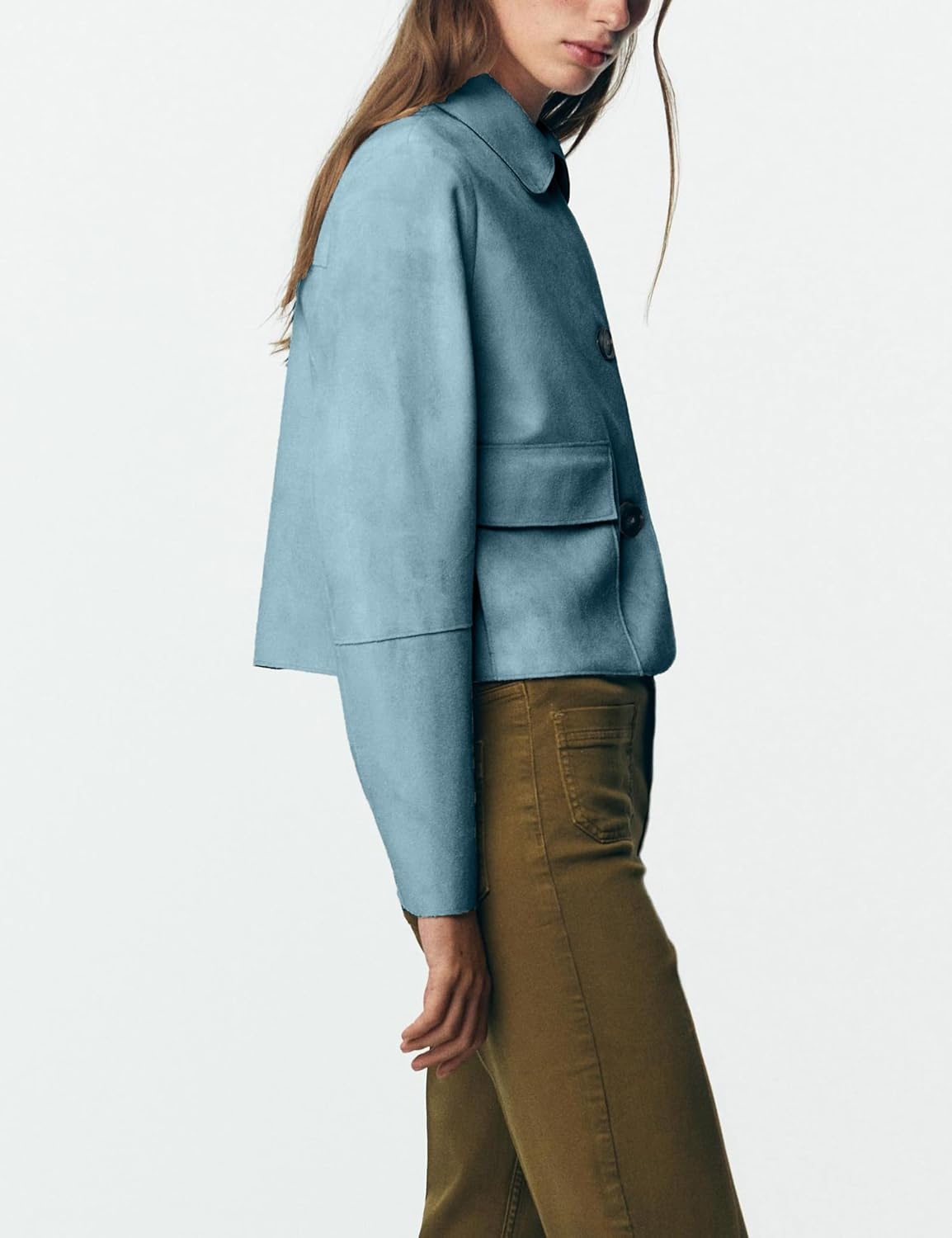 image:imageWomens Faux Suede Cropped Casual Button Down JacketBlue
