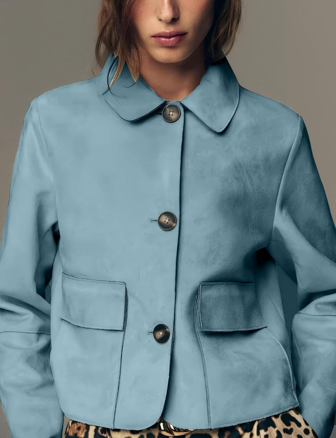 image:imageWomens Faux Suede Cropped Casual Button Down JacketBlue