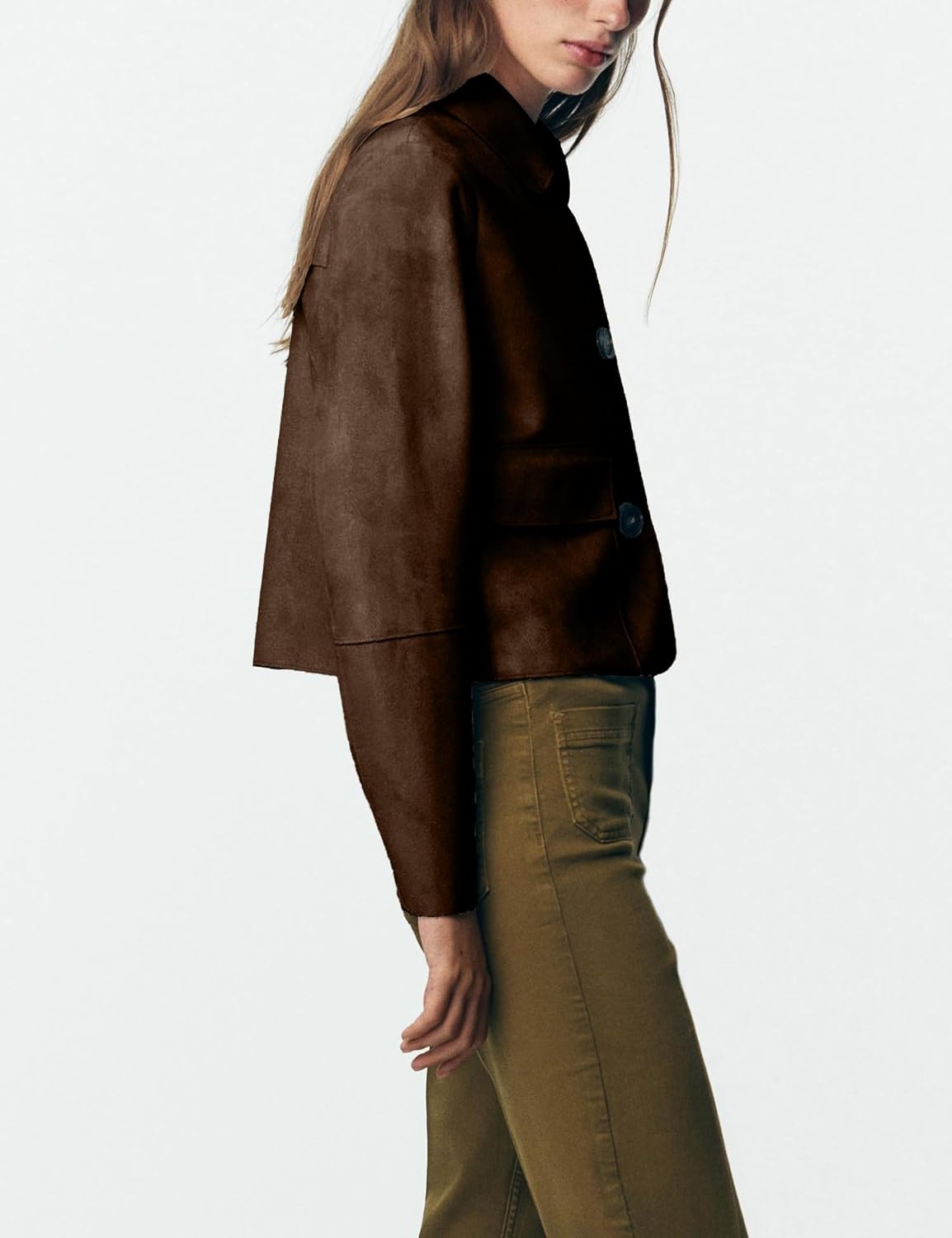 image:imageWomens Faux Suede Cropped Casual Button Down JacketBrown