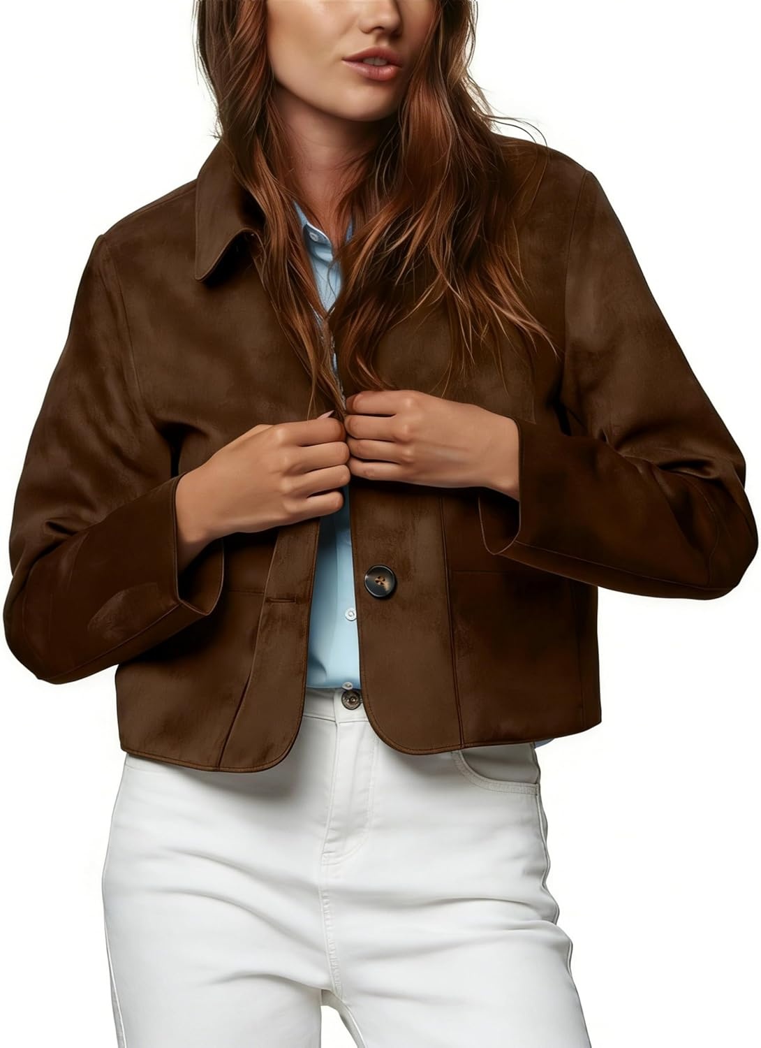 image:imageWomens Faux Suede Cropped Casual Button Down JacketBrown