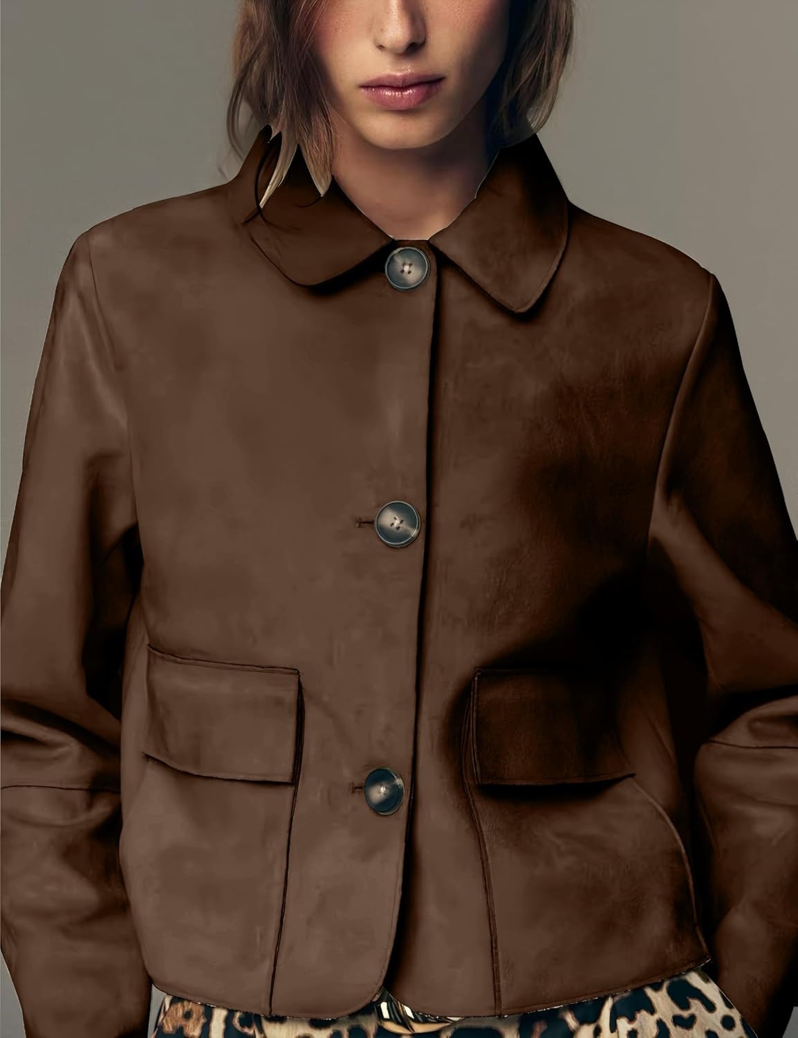 image:imageWomens Faux Suede Cropped Casual Button Down JacketBrown